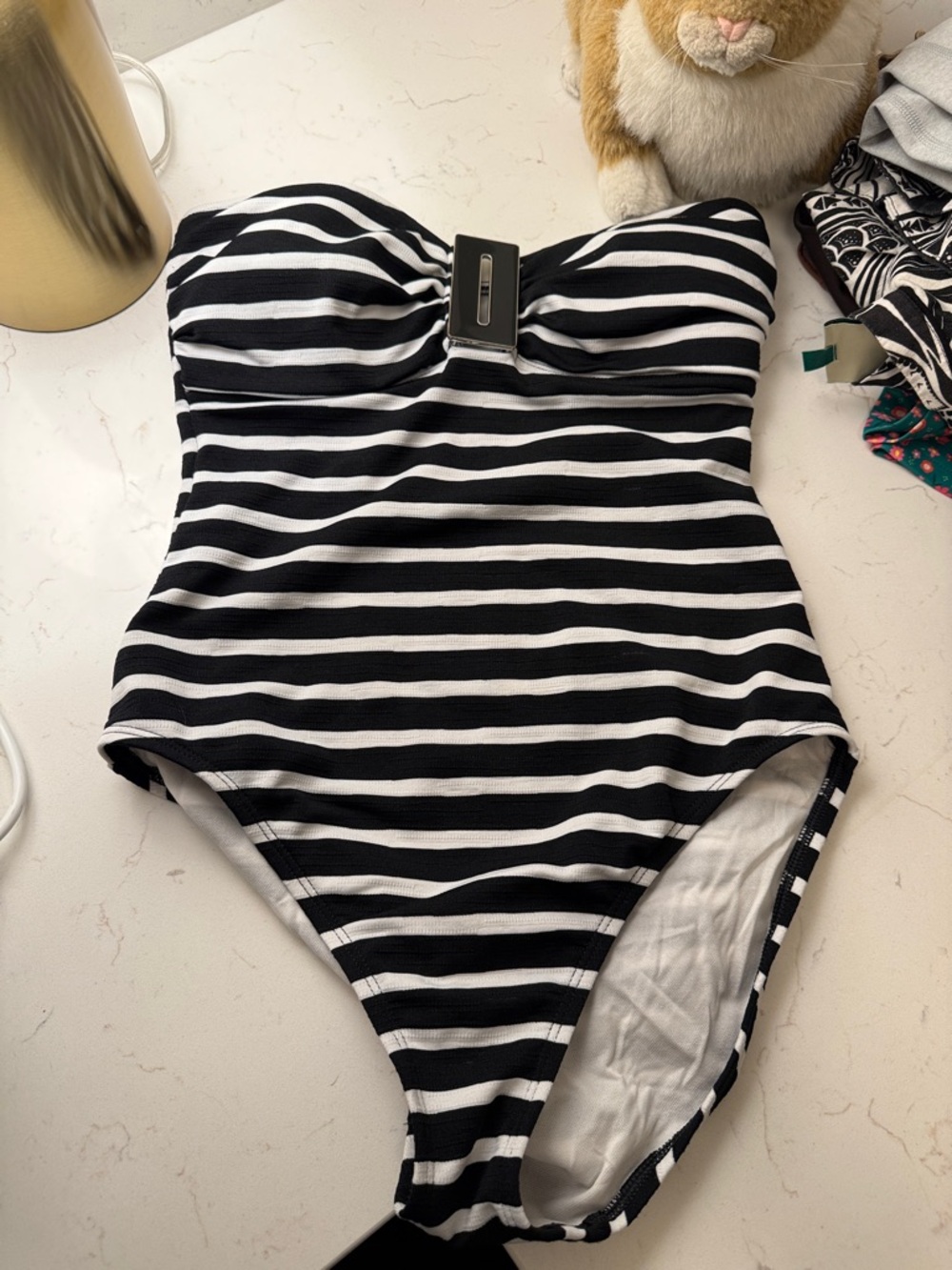 La Blanca Black & White Striped Strapless One-Piece Swimsuit